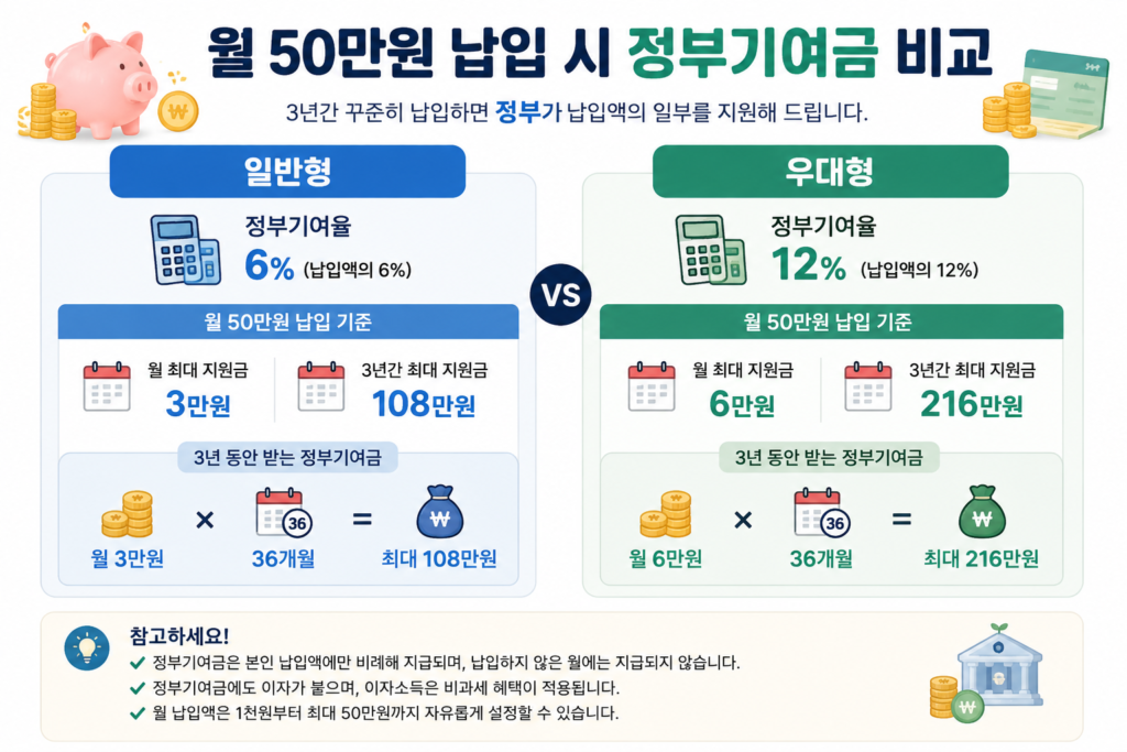 청년미래적금 월 50만원 납입 시 일반형 108만원 우대형 216만원 정부기여금 비교