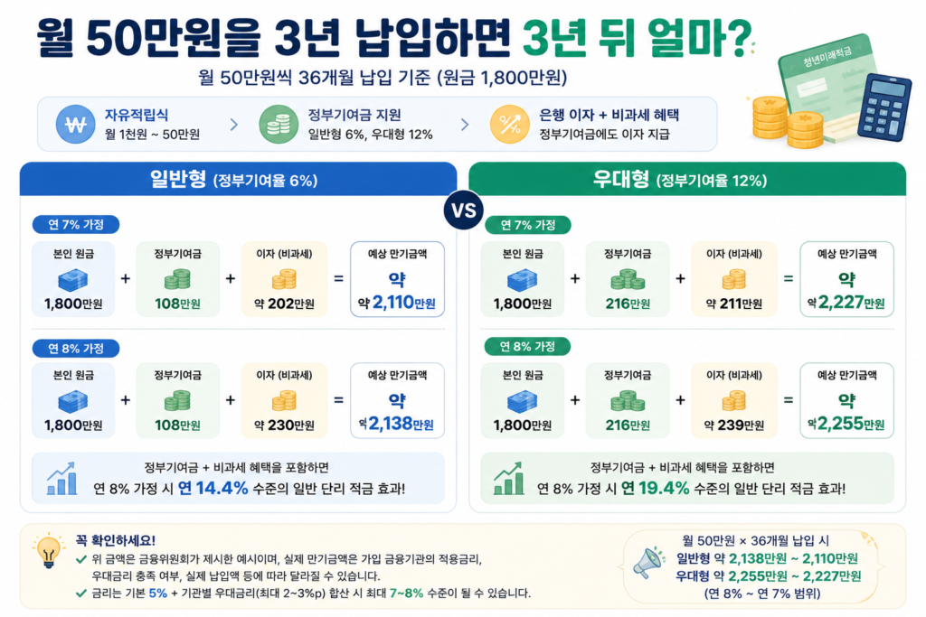 청년미래적금 월 50만원 3년 납입 시 일반형과 우대형 예상 만기금액